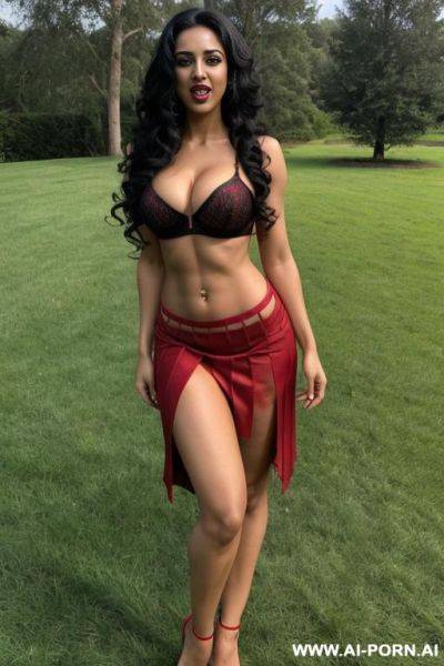 Indian, long curly hair, fit, abs, muscle, navel piercing, red bra, red pleat skirt, looking at camera, tall, stiletto, full body, standing on grass, open mouth - ai-porn.ai - India on pornsimulated.com