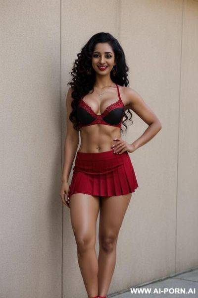 Indian, long curly hair, fit, abs, muscle, navel piercing, red bra, red pleat skirt, looking at camera, tall, stiletto, full body, dance - ai-porn.ai - India on pornsimulated.com