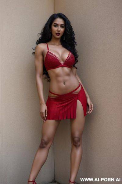 Indian, long curly hair, fit, abs, muscle, navel piercing, red bra, red pleat skirt, looking at camera, tall, stiletto, full body, t pose, open mouth - ai-porn.ai - India on pornsimulated.com