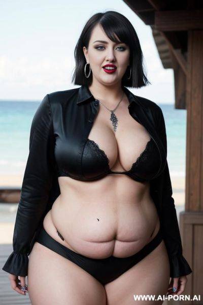 Tall busty goth white woman, 30 years, gorgeous face, thick lips, blue eyes, black bobcut hair, busty hourglass body, massive boobs, waist, abs, pawg, thick legs, beach, full body picture, - ai-porn.ai on pornsimulated.com