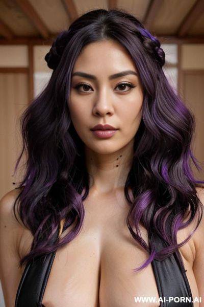 Elaborate flowing hairdo, purple hair with black highlights, milf glamor, bow down, - ai-porn.ai on pornsimulated.com