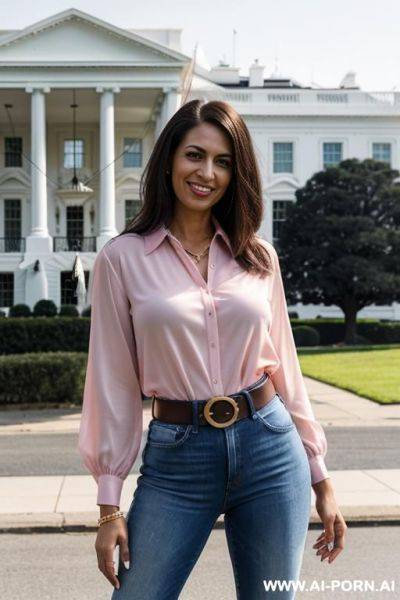 Pink blouse, belt, denim jean, high heels, posing in front of white house, hands in pockets - ai-porn.ai on pornsimulated.com