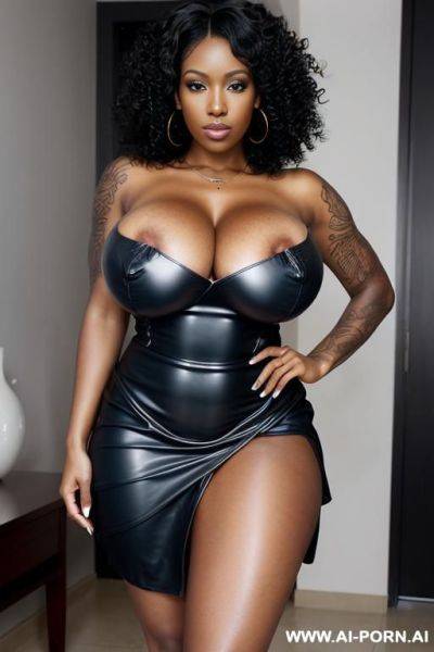 Black woman, massive saggy boobs, huge nipples, hourglas body, tattoos, ultra sexy, curly hair - ai-porn.ai on pornsimulated.com