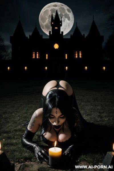 Massive boobs, goth woman, hot, horny, black gothic outfit, half naked, crawling on all fours, spooky castle, moon light, candles - ai-porn.ai on pornsimulated.com