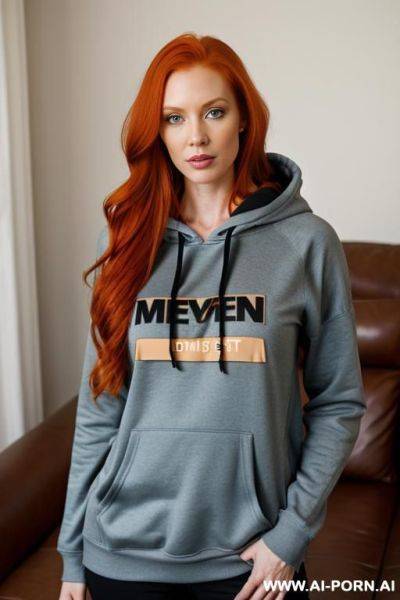 Mussed long ginger hair, hoodie, living room - ai-porn.ai on pornsimulated.com