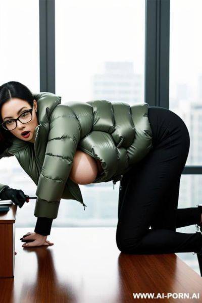 Secretary with gigantic boobs, standing at desk, ready to get fucked from behind, ((wearing gigantic puffer jacket)) - ai-porn.ai on pornsimulated.com