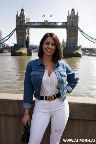 Denim jacket, white blouse, belt, denim jean, high heels, posing in front of tower bridge, chubb, hands in pockets - ai-porn.ai on pornsimulated.com