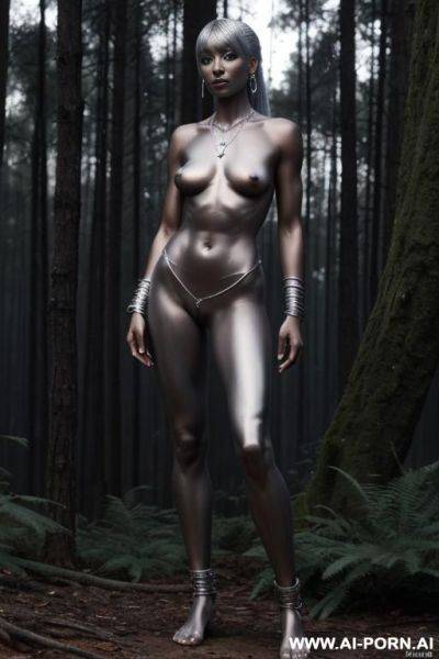 Drow. forest. toned body. abs. silver anklet. silver hip chain. silver necklace. silver earrings. silver bracer. ponytail with bangs. - ai-porn.ai on pornsimulated.com