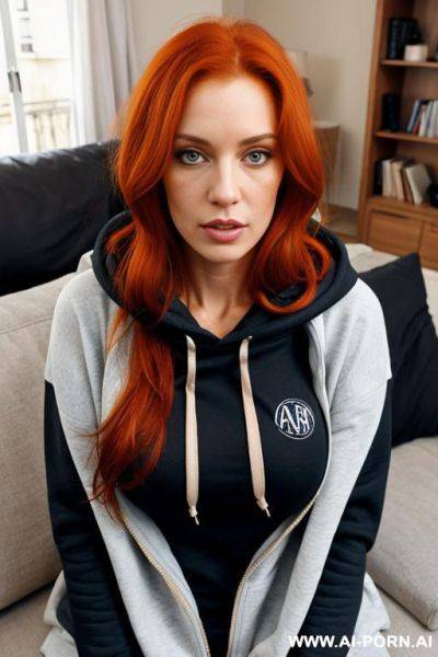 French woman, messy and mussed long ginger hair, massive breasts, hoodie, living room - ai-porn.ai - France on pornsimulated.com