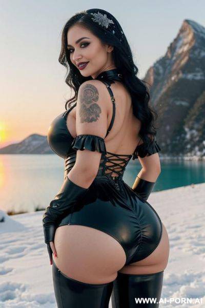 Beautiful woman, american, ebony, brunette, mid 20s, long hair, black leather pants, natural boobs, body, big hips, smiling, mediterranean city and sea in background, (((snow mountain lake at - ai-porn.ai - Usa on pornsimulated.com