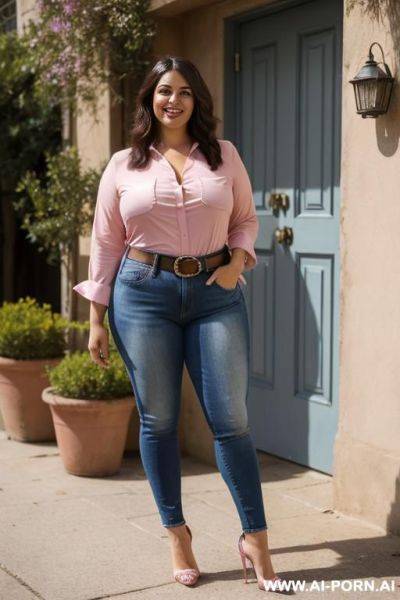 Pink blouse, belt, denim jean, high heels, posing in front of whitw house, chubby, hands in pockets - ai-porn.ai on pornsimulated.com