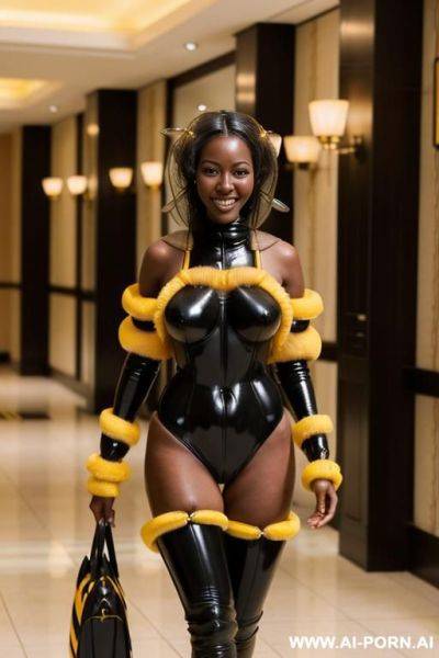 Ebony, ((completely black skin)), ((naked)), 20 years, ((busty)), perfect tits, ((beautiful face)), smiling, delicate, (oiled skin), walking, hotel lobby - ai-porn.ai on pornsimulated.com