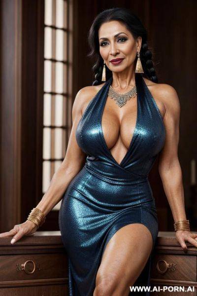 Rich, elegant, old nude gilf, black hair, high heels, earrings, bracelet, necklace, natural body, make-up, lipstick, no panties, blue micro dress with long slits, no bra, sitting, front view, wide shot - ai-porn.ai on pornsimulated.com