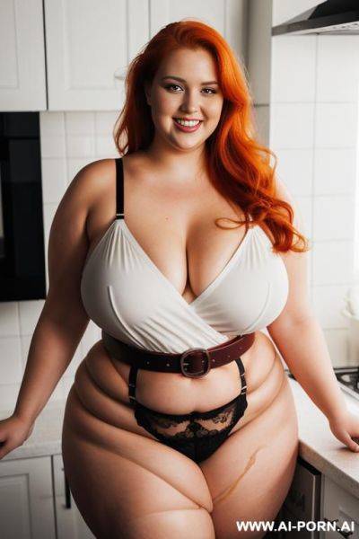 Full body photo shot, about at kitchen, so fat bbw curvy, wearing a sexy and hot gartert belt lingerie, she is eating. - ai-porn.ai on pornsimulated.com