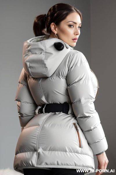 Suburb mom with gigantic ass wearing gigantic puffer coat, viewed from the back, looking back into camera, (((cumshot on ass in puffer coat))) - ai-porn.ai on pornsimulated.com