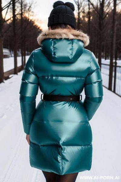 Suburb mom with gigantic ass wearing gigantic puffer coat, viewed from the back, looking back into camera - ai-porn.ai on pornsimulated.com