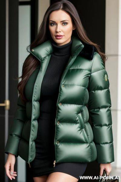 Brunette secretary wearing gigantic green puffer coat - ai-porn.ai on pornsimulated.com