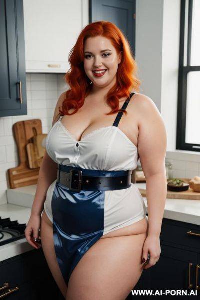 Full body photo shot, about at kitchen, so fat bbw curvy chef, wearing a sexy and hot blue gartert belt lingeries, she is eating. - ai-porn.ai on pornsimulated.com