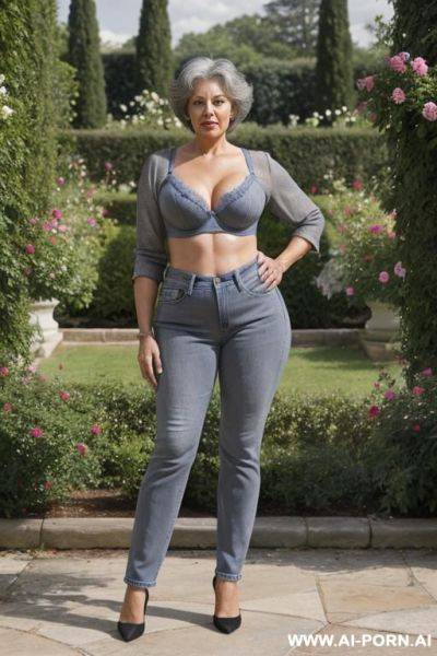 0-year-old grandmother, short gray hair, visible age marks, triangle hips, thick thighs, wearing blue jeans and bra, hands on hips, rose garden - ai-porn.ai on pornsimulated.com