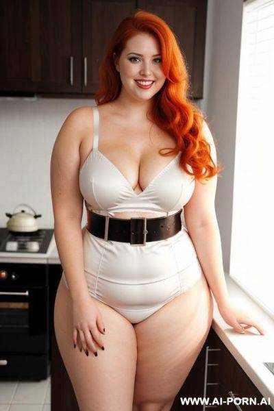 Full body photo shot, about at kitchen, so fat bbw curvy, wearing a sexy and hot gartert belt lingeries, she is eating. - ai-porn.ai on pornsimulated.com