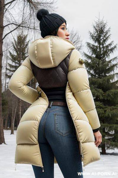 Suburb mom with gigantic ass wearing gigantic puffer coat, viewed from the back, looking back into camera, (((cum on puffer coat))) - ai-porn.ai on pornsimulated.com