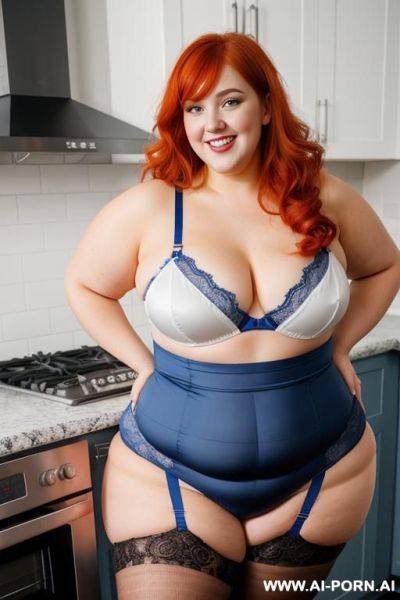 Full body photo shot, about at kitchen, fat bbw curvy chef, wearing a sexy and hot blue lace stocking lingeries, she is eating - ai-porn.ai on pornsimulated.com