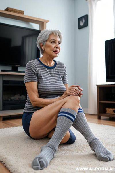 0-year-old grandmother, full body, very visible age marks, short gray hair, wearing a blue and black striped t-shirt, wearing lace panties, wearing long socks, living room in front of the television watching football sitting on the floor - ai-porn.ai on pornsimulated.com