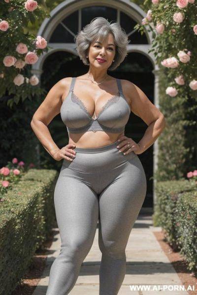 0-year-old grandmother, short gray hair, visible age marks, triangle hips, thick thighs, wearing gray legging and bra, hands on hips, legs open, rose garden - ai-porn.ai on pornsimulated.com