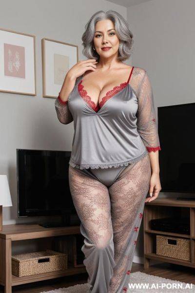 0-year-old grandmother, full body, standing, very visible age marks, short gray hair, triangle hips, thick thighs, wearing short red doll pajamas, large cleavage, wearing gray lace panties, living room in front the television - ai-porn.ai on pornsimulated.com