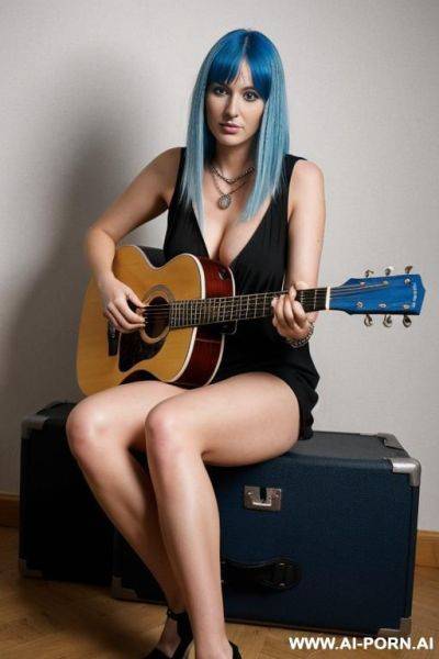 Man guêpière with blue hair and black and red clog is playing a guitar. he is wearing a silver necklace. - ai-porn.ai on pornsimulated.com