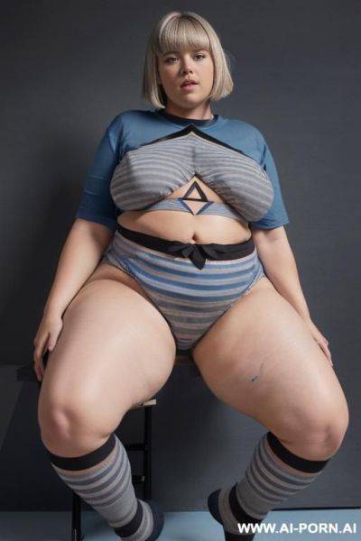 (((chubby woman))), (((blonde hair with bangs))), (((short gray hair))), (((very visible age marks))), (((triangle hips))), (((thick thighs))), (((blue t-shirt with black vertical stripes))), (((blue - ai-porn.ai on pornsimulated.com