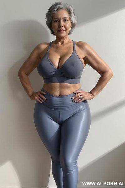 0 year old grandmother, full body, standing, short gray hair, very visible age marks, large natural breasts, triangle hips, thick thighs, wearing blue leggings, topless, hands on her waist - ai-porn.ai on pornsimulated.com