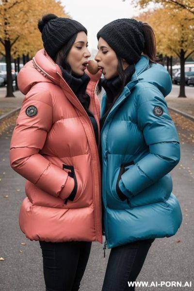 Two suburb moms wearing gigantic puffer jackets, licking each other in 6 position - ai-porn.ai on pornsimulated.com