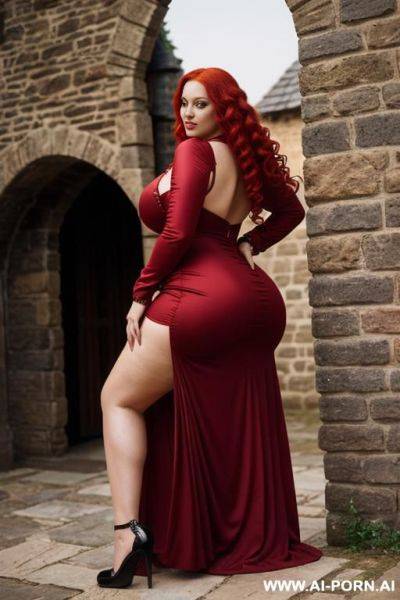 Medieval dress, curly and long red hair, beautiful dress, huge tits, huge ass, showing her curves - ai-porn.ai on pornsimulated.com