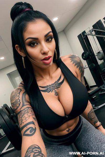 Perfect body, athlete, gym pants, push up bra, big tits, cleavage, tattoos, earrings, cumshot, facial, tongue out, titjob, pov, busty, pov, nose pierced, tattoos, blowjob - ai-porn.ai on pornsimulated.com