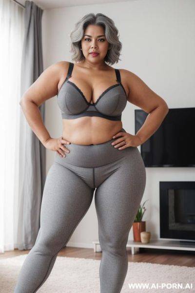 0-year-old chubby grandmother, short gray hair, very visible age marks, full body, standing, triangle hips, thick thighs, hands on hips, wearing gray leggings and bra, living room in front of the television, legs open - ai-porn.ai on pornsimulated.com