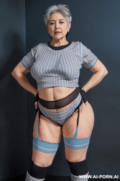 (((0 year old grandmother))), (((short gray hair))), (((very visible age marks))), (((triangle hips))), (((thick thighs))), (((blue t-shirt with black vertical stripes))), (((blue panties))), (((long blue - ai-porn.ai on pornsimulated.com