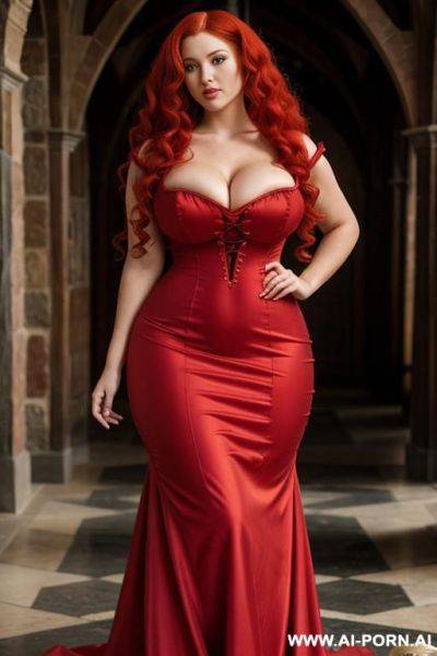 Medieval dress, curly and long red hair, beautiful dress, huge tits, huge ass, showing her curves - ai-porn.ai on pornsimulated.com