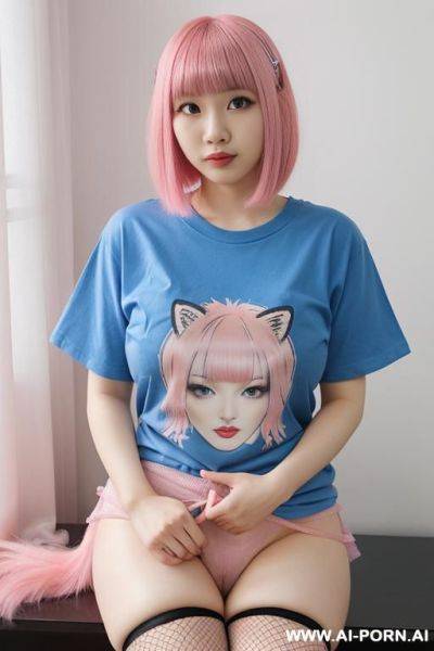 Young pink hair breasts cat-like hears and tail wearing tshirt only - ai-porn.ai on pornsimulated.com