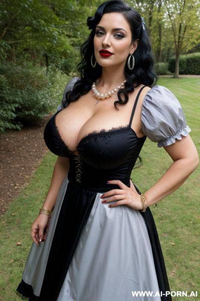 Tradwife, (((massive tits))), garden, heavy pearl necklace, bracelets, hourglass figure, dark red lips, hoop earrings, much makeup, - ai-porn.ai on pornsimulated.com