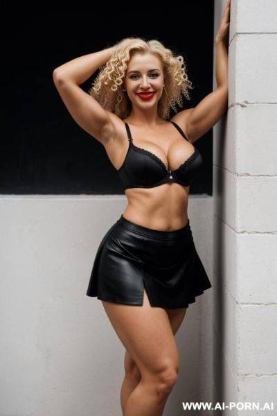 German, 30 years, blonde, curly hair, black bra, black skirt, , navel piercing, thick, arms up, muscular arms, smile, red lipstick, looking at camera, standing against wall, side view, full body view, heels - ai-porn.ai - Germany on pornsimulated.com