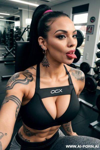 Perfect body, athlete, gym pants, push up bra, big tits, cleavage, tattoos, earrings, cumshot, facial, tongue out, titjob, pov, busty, pov, nose pierced, tattoos, blowjob - ai-porn.ai on pornsimulated.com