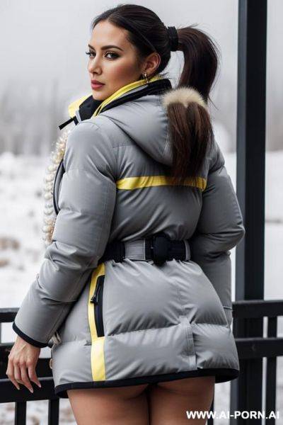 Suburb mom with gigantic ass wearing gigantic puffer coat, viewed from the back, looking back into camera, (((cumshot on puffer coat))) - ai-porn.ai on pornsimulated.com