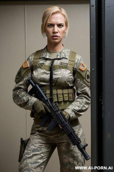 Short haired military woman without a weapon in a military base bedroom - ai-porn.ai on pornsimulated.com