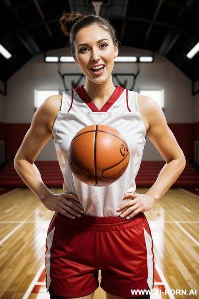 (red basketball uniform), (brunette basketball player), (inside basket ball court), - ai-porn.ai on pornsimulated.com