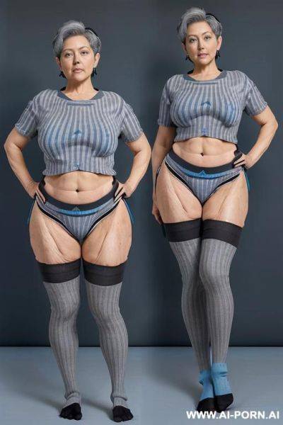 (((0 year old grandmother))), (((short gray hair))), (((very visible age marks))), (((triangular hips))), (((thick thighs))) , (((blue t-shirt with black vertical stripes))), (((blue panties))), (((long - ai-porn.ai on pornsimulated.com