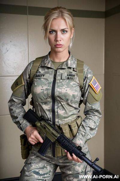 Short haired military outfit woman no weapon military base bedroom no accessories - ai-porn.ai on pornsimulated.com