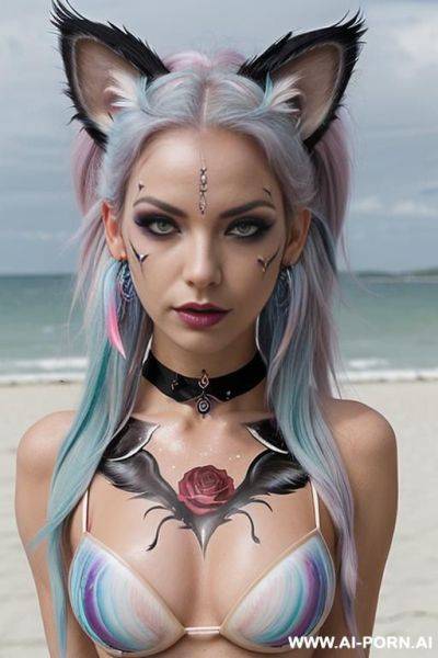 Face, sexy, beautiful, ((evil woman)), ((face painting)), ((body painting)), ((bikini as seashell)), ((fantasy bikini)), ((roses)), ((eyes shw)), ((angel wings)), ((choker)), ((rainbow hair)), (( makeup)), - ai-porn.ai on pornsimulated.com