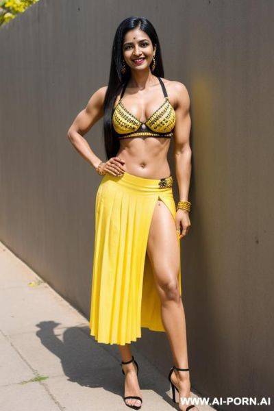 Indian, 30 years, abs, muscular arms, black hair, long straight hair, yellow noodle bra, yellow skirt, navel piercing, smile, looking at camera, standing sideways, heels, full view - ai-porn.ai - India on pornsimulated.com