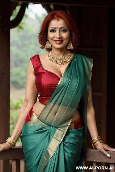 Rich, elegant, old milf, red hair, high heels, earrings, bracelet, necklace, natural body, make-up, lipstick, dirty, seductive face, horny, wide shot, sari, indian dress, bra, blouse, full outfit, - ai-porn.ai - India on pornsimulated.com